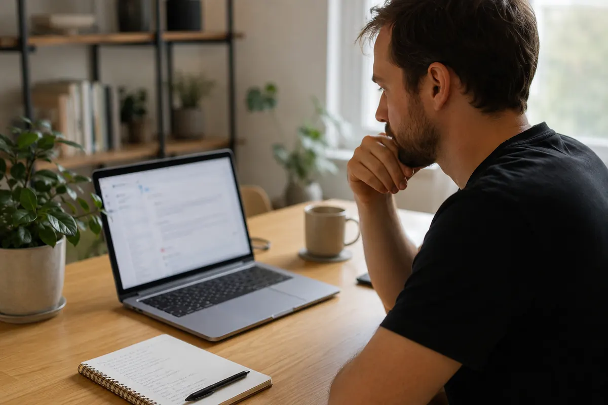 A freelancer sitting at a desk looking thoughtfully at a laptop and a handwritten list of businesses, an unanswered email thread on screen, warm daylight