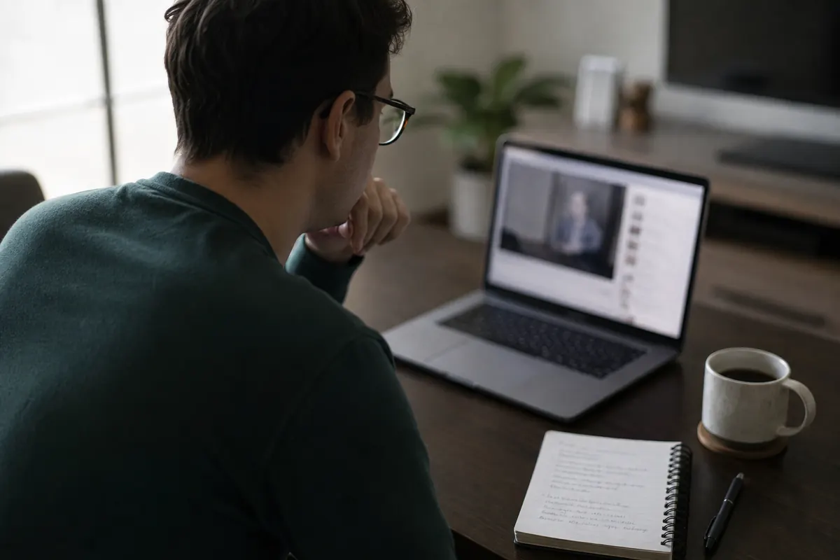 A person at a plain desk following an automation build on a laptop, with a notebook of steps beside a cup of coffee, natural window light