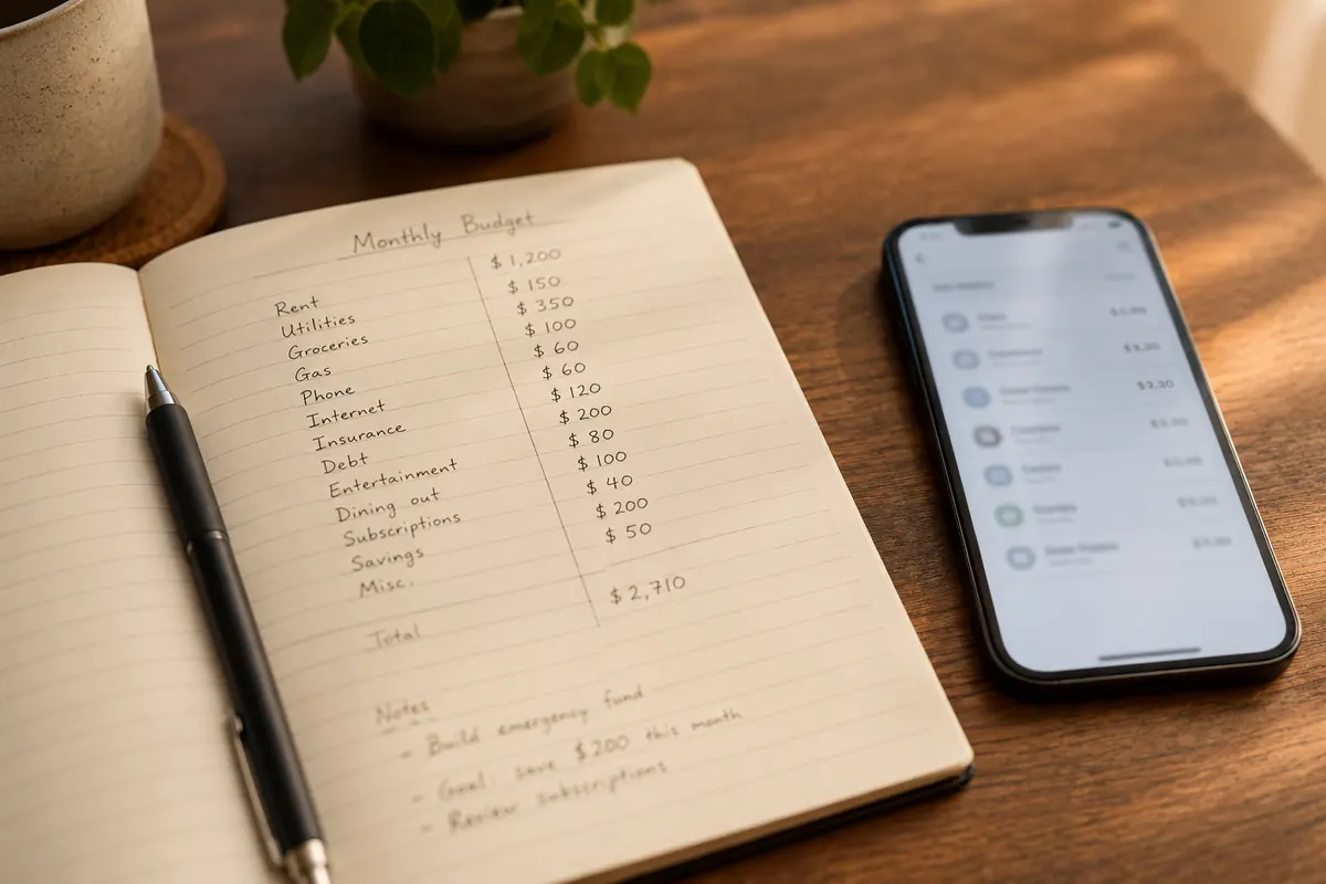 A close up of a monthly budget written by hand in a notebook next to a phone showing a list of recurring app subscriptions, on a wooden desk