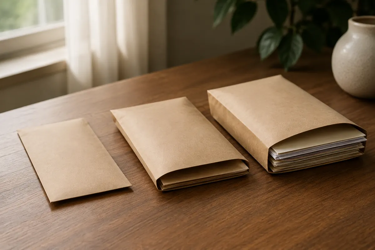 Three labeled envelopes on a desk representing the three startup budgets for an AI automation agency: a thin learning envelope, a medium client ready envelope and a thick outbound envelope