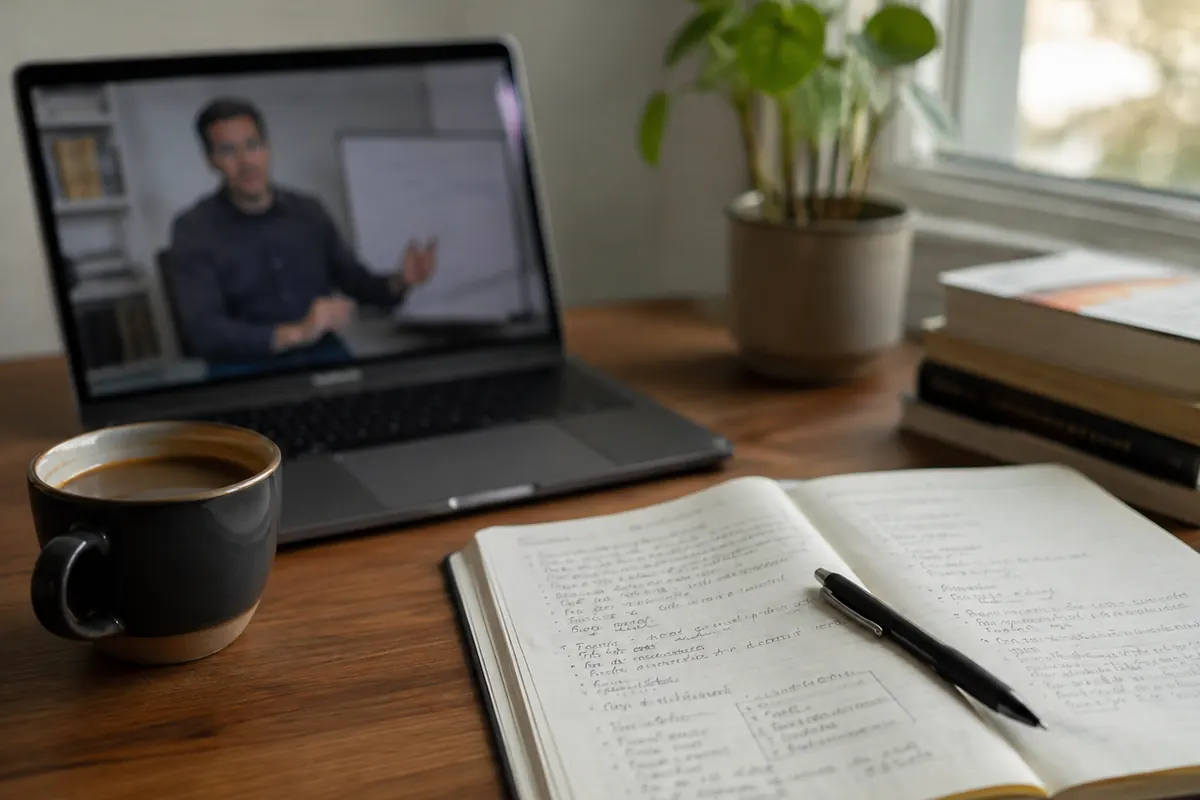 A desk with an open laptop showing a video tutorial paused, next to a notebook filled with handwritten notes and a coffee, natural window light