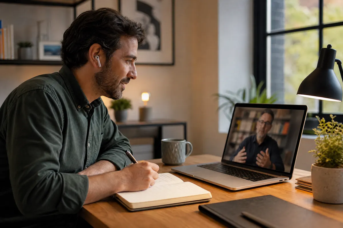 A person at a desk on a video call, listening to a mentor on the laptop screen and taking notes in a notebook, warm focused lighting