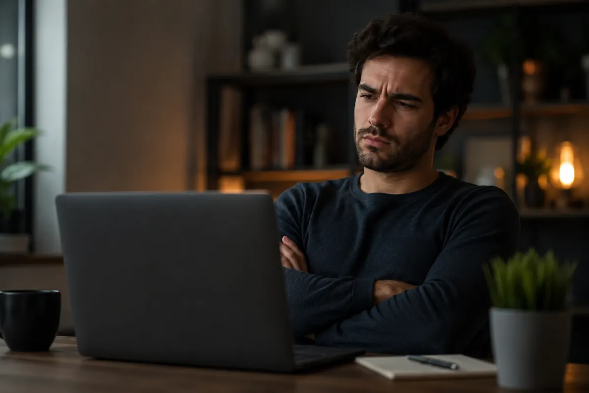 A person leaning back with arms crossed looking skeptically at a laptop showing a high-pressure sales page with a countdown timer, dim room lighting