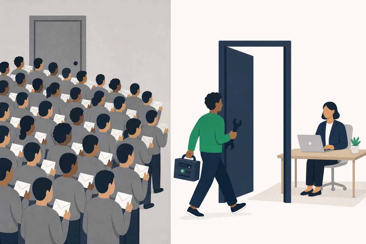 Illustration of the two layers of the AI agency market: a crowd holding identical envelopes pressing at a closed door, next to one prepared operator walking through an open door toward a waiting business owner