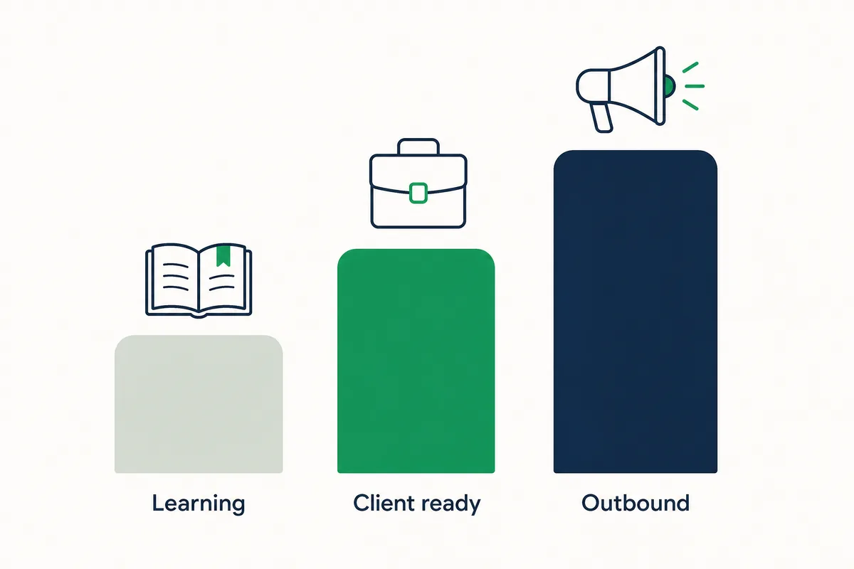 Chart of the three startup budget stages for an AI automation agency: a small learning stage, a medium client ready stage and a taller outbound stage