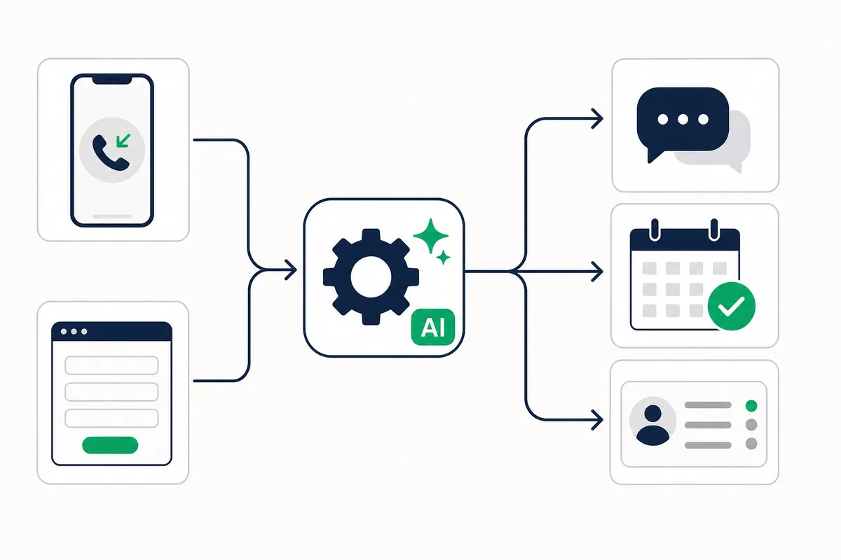 Diagram of an AI automation workflow: a missed call and a web form feed an automation platform with an AI step, which sends an instant reply, books a calendar slot and logs the lead in a CRM