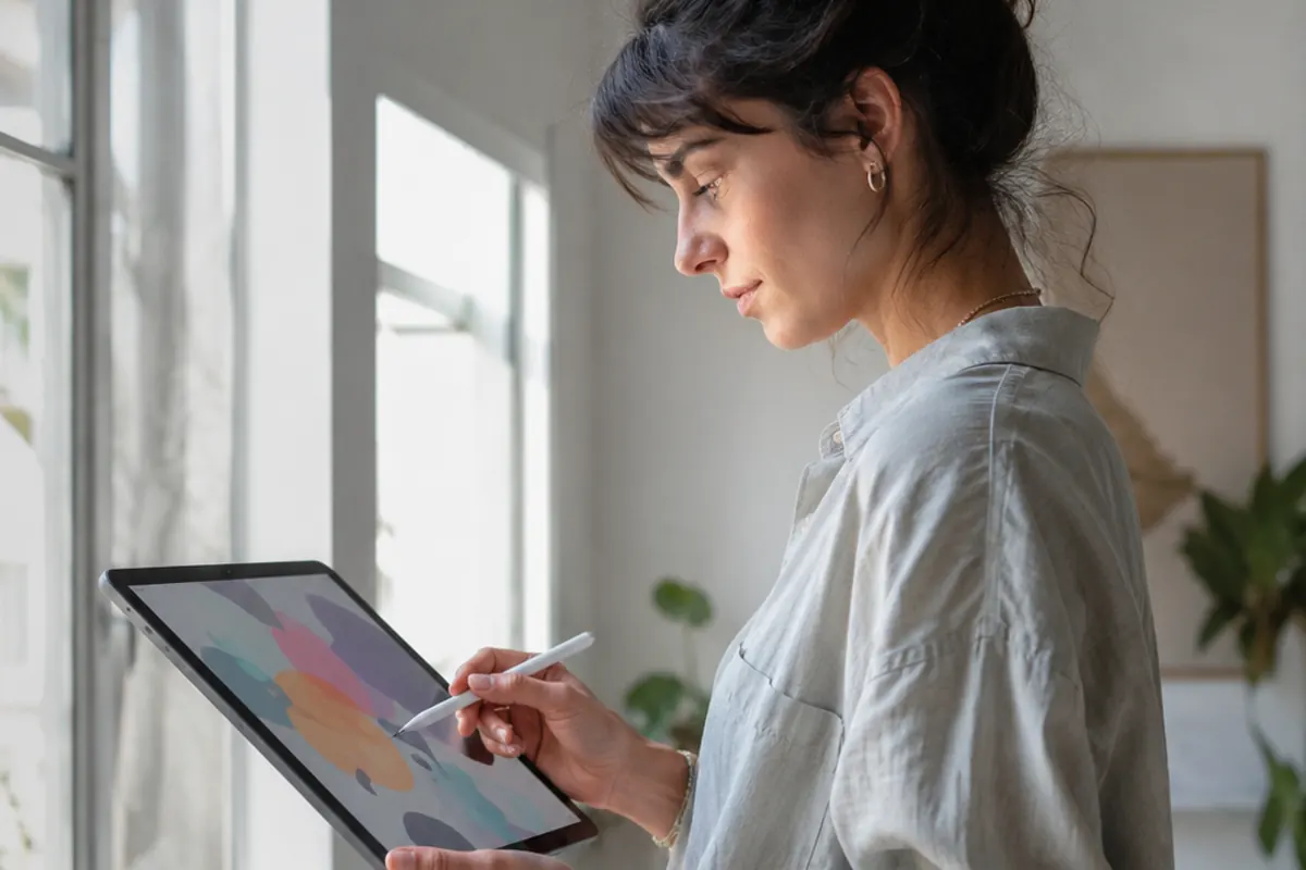 A person standing by a bright window holding a tablet and stylus, thoughtfully reviewing and refining a colorful design