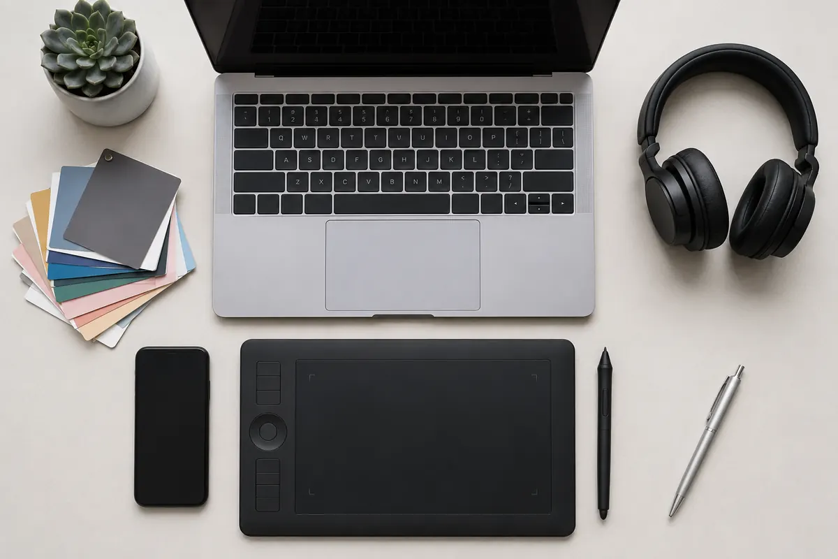An overhead flat-lay of a freelancer's toolkit neatly arranged on a clean light surface: an open laptop, a graphics tablet with a stylus, headphones, color swatch cards, a phone and a pen