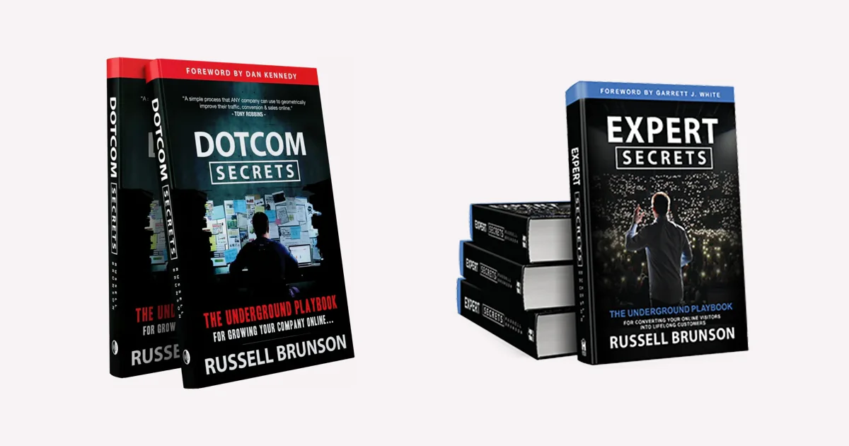 DotCom Secrets and Expert Secrets by Russell Brunson, hardcover covers side by side