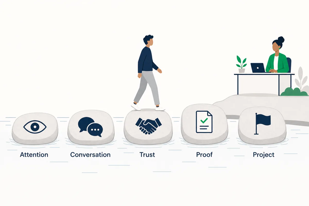Five stepping stones labeled attention, conversation, trust, proof and project, with a person crossing them toward a business owner at a desk