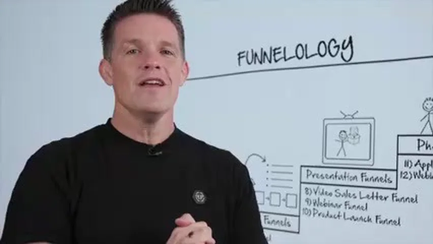 Russell Brunson at a whiteboard mapping Funnelology's presentation funnels: video sales letter, webinar and product launch
