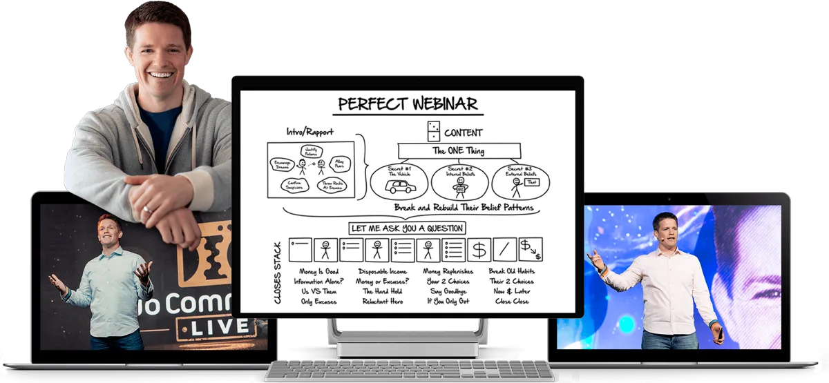 Perfect Webinar Secrets by Russell Brunson, training and script shown on laptop, desktop and tablet